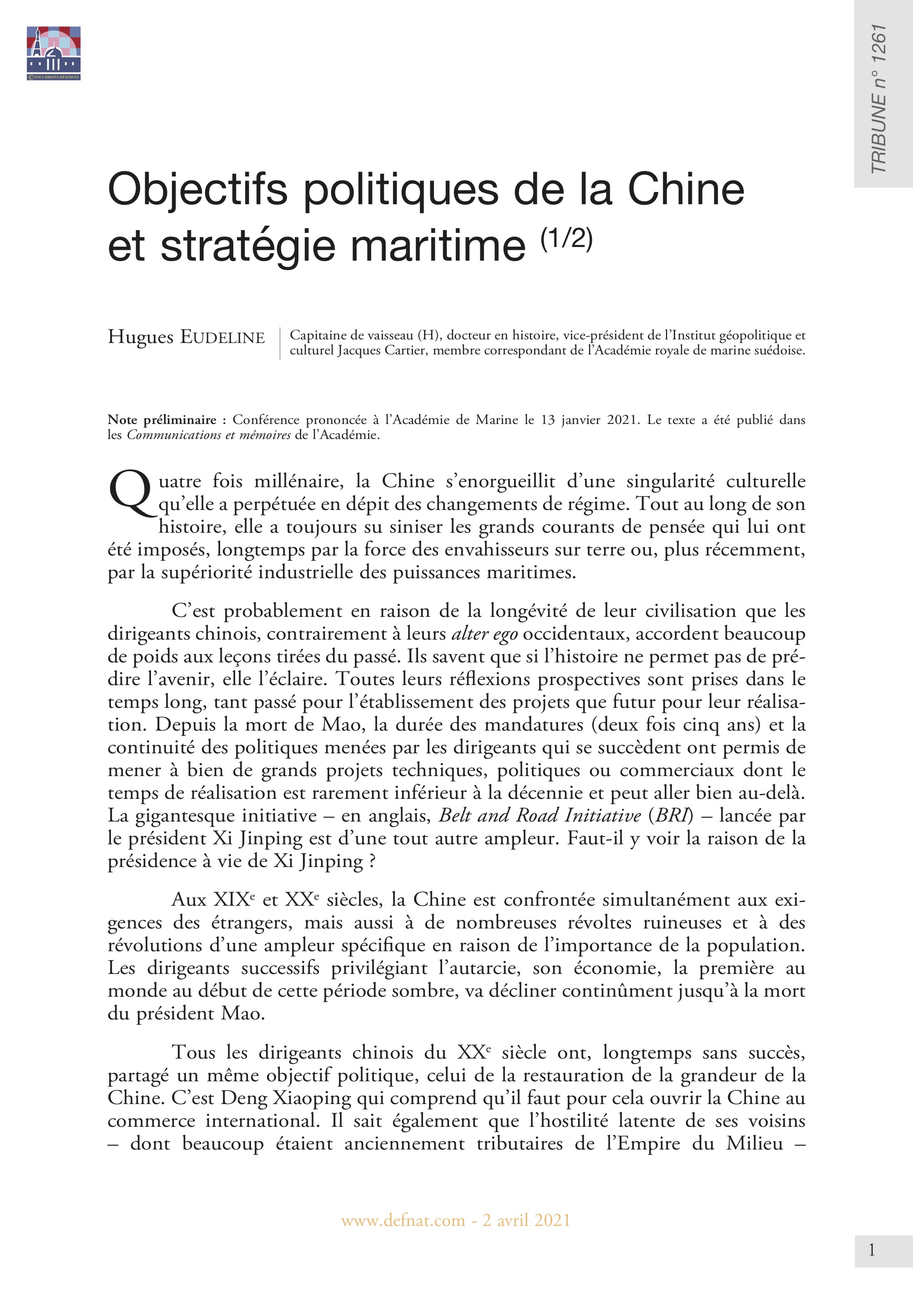 Objectifs politiques de la Chine et stratégie maritime (1/2) (T 1261)
